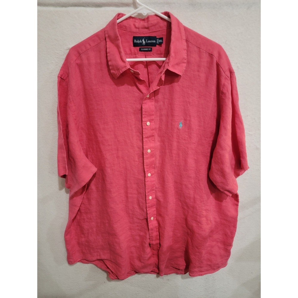 Polo Ralph Lauren XXL Shirt 100% Linen Hibiscus Pink Classic Fit S/S Teal Pony